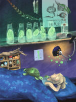 Illustration fra Slimfjorden, Elias på sit værelse med gopler på flasker.